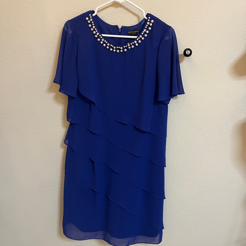 Elegant Blue Midi Dress with Pearl Details